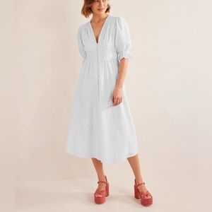 Boden Broderie White Eyelet Long Tea Sleeve Midi Dress sz 4